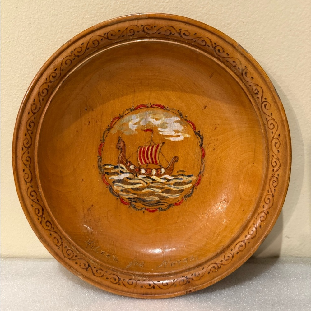 Vintage Norwegian Rosemaling Wood Bowl Hand-Turned Hand-Painted Viking Ship